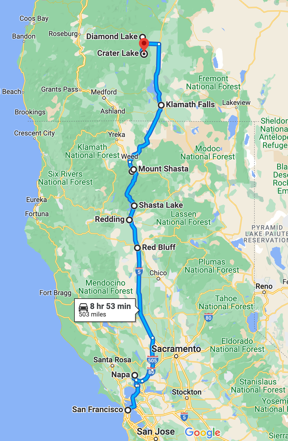 road trip from San Francisco to Crater Lake National Park